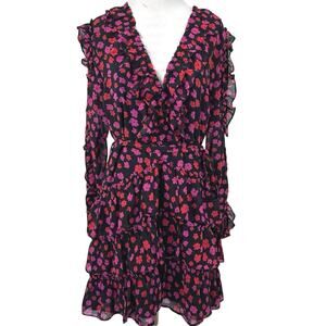 Dee Elly Floral Ruffle Mini Dress XL Long Sleeve V Neck Tiered Black Romantic